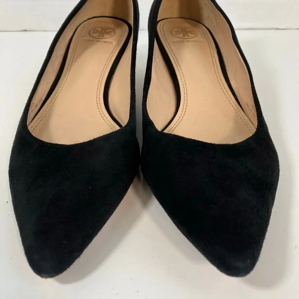 Tory Burch Sz 9 Greenwich Black Suede Kitten Heels Pointed Toe Logo Heel